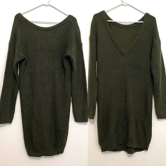 LULUS LULU'S Bringing Sexy Back Backless Sweater Dress Olive Green V-Neck Back M - Picture 2 of 15